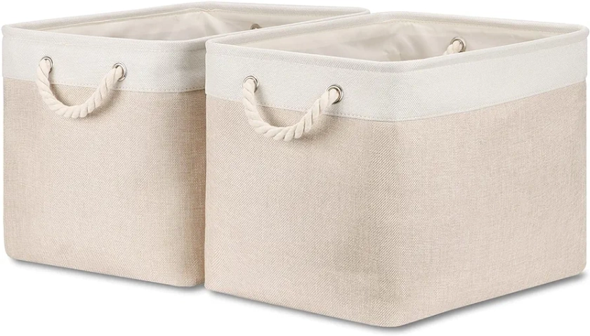 Bidtakay Beige Storage Basket Large Fabric Cloth Baskets [2-Pack] Tall Rectangular Shelf Baskets 16X11.8X11.8 in Canvas Collapsible Storage Bins with Handles for Organizing Living Room(White&Beige)