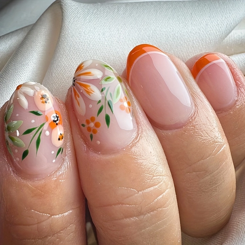 Short Almond Press On Nails Flower Design * Nails Full Cover False Nails For Women And Girls