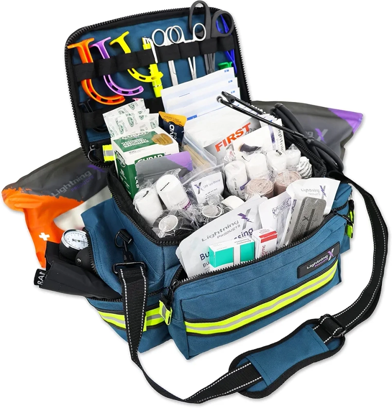 Lightning X Products Lightning X Mid-Sized First Responder EMT Bag | LXMB25 Fully Stocked w/ 240+ Aid, EMS & Trauma Supplies - Blue