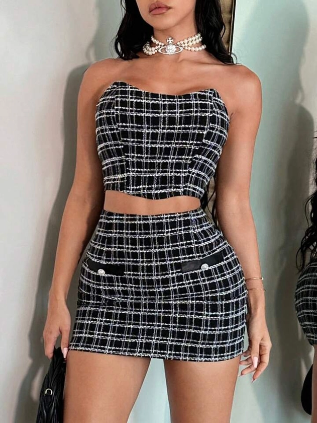 SHEIN SXY Plaid Print Tube Top & Bodycon Skirt