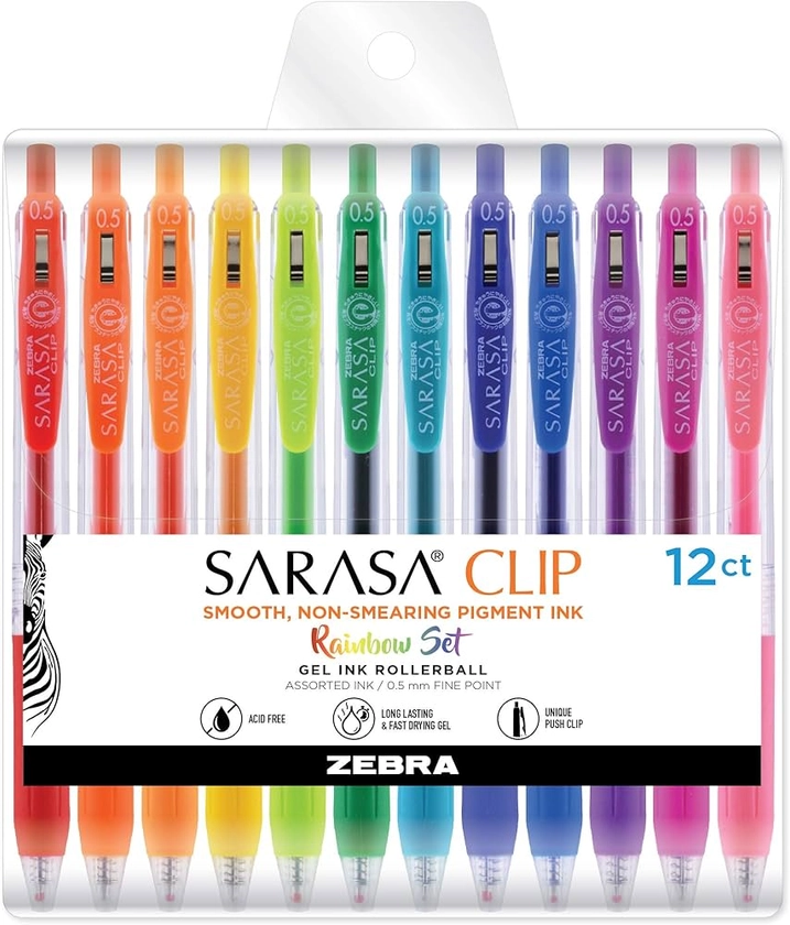 Zebra Pen Sarasa Clip Retractable Gel Pen, Fine Point, 0.5mm, Rainbow Assorted Colors, 12-Pack