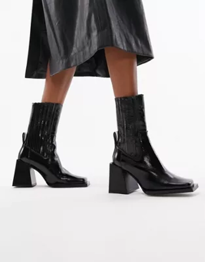 Topshop Polly premium leather square toe heeled chelsea boot in black | ASOS