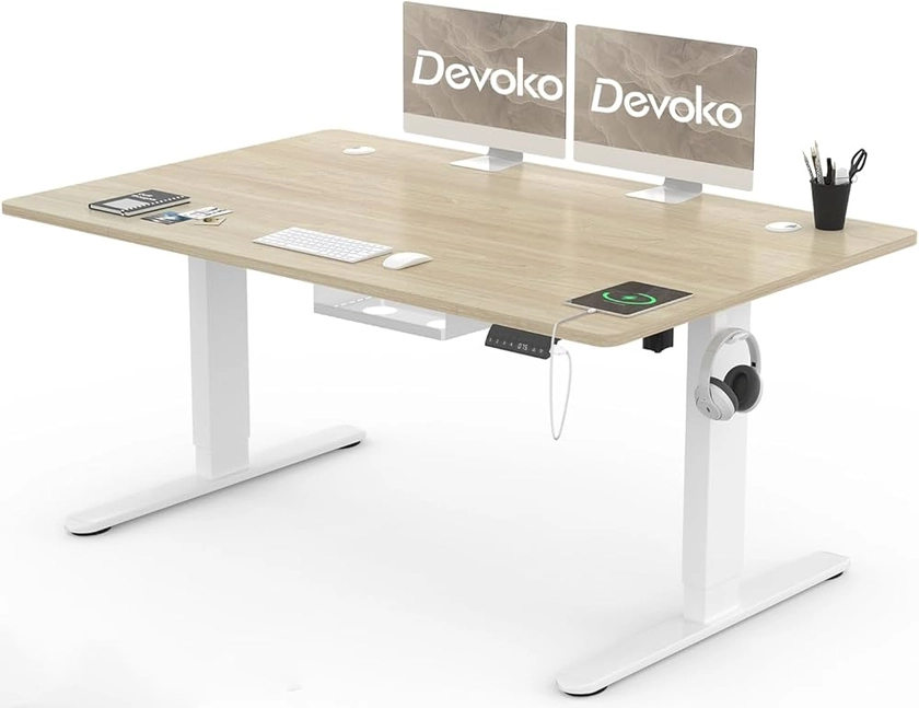 Devoko Bureau Assis Debout Électrique 140×80cm, Bureau Réglable en Hauteur avec Port de Charge USB, 3 Positions Mémorisables, Boîte de Câbles