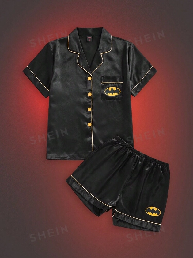 Batman X ROMWE Women's Bat Logo Print Contrast Piping Collar Short Sleeve Top And Satin Shorts Pajama Set