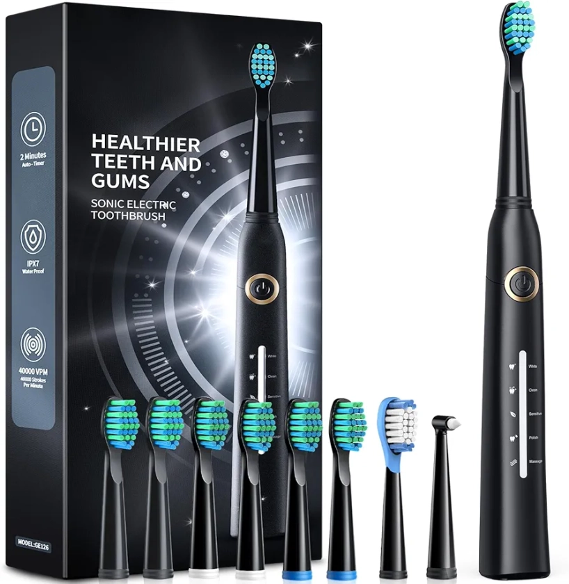 Electric Toothbrush, Sonic Toothbrushes with 8 Brush Heads 40000 VPM 5 Modes, Sonic Toothbrushes Fast Charge 4 Hours Last 30 Days, Rechargeable Electric Toothbrush for Adult (Black)