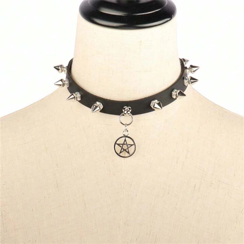 Nuevo collar de PU punk con remaches y colgante de cinco estrellas, collar gótico negro para mujer/hombre, joyería, mejor regalo