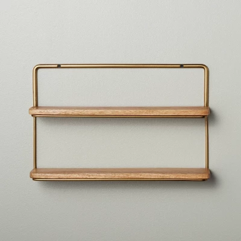 16" Wood & Brass Double Wall Shelf - Hearth & Hand™ with Magnolia: Antique Finish, Open Shelves, No Assembly