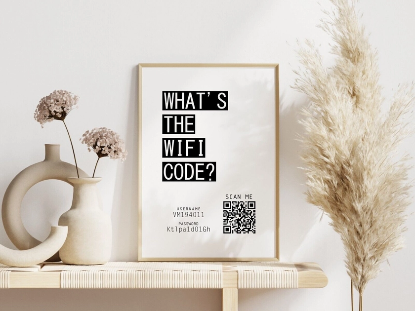 What's The WIFI Code, WIFI Password Sign, Personalised Print QR Code, Home Print