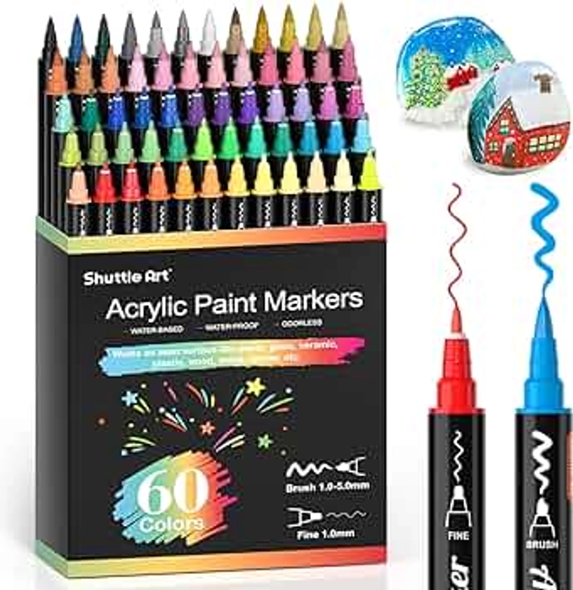 Shuttle Art 60 Colors Dual Tip Acrylic Paint Markers, Brush Tip and Fine Tip Acrylic Paint Pens for Rock Painting, Ceramic, Wood, Canvas, Plastic, Glass, Stone, Calligraphy, Card Making, DIY Crafts