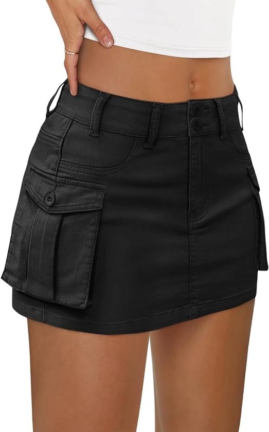 LILLUSORY Women Cargo Mini Skirt Denim Jean Dress with Pocket