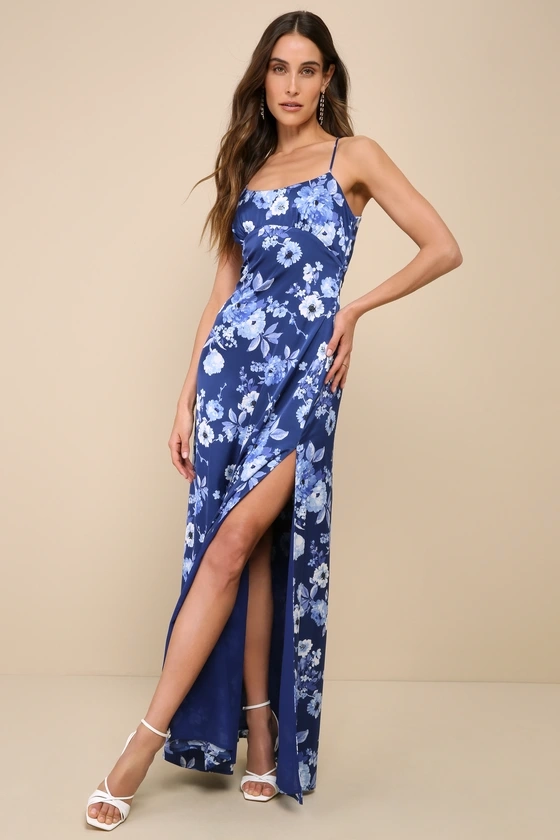 Wondrous Allure Navy Blue Floral Satin Backless Maxi Dress