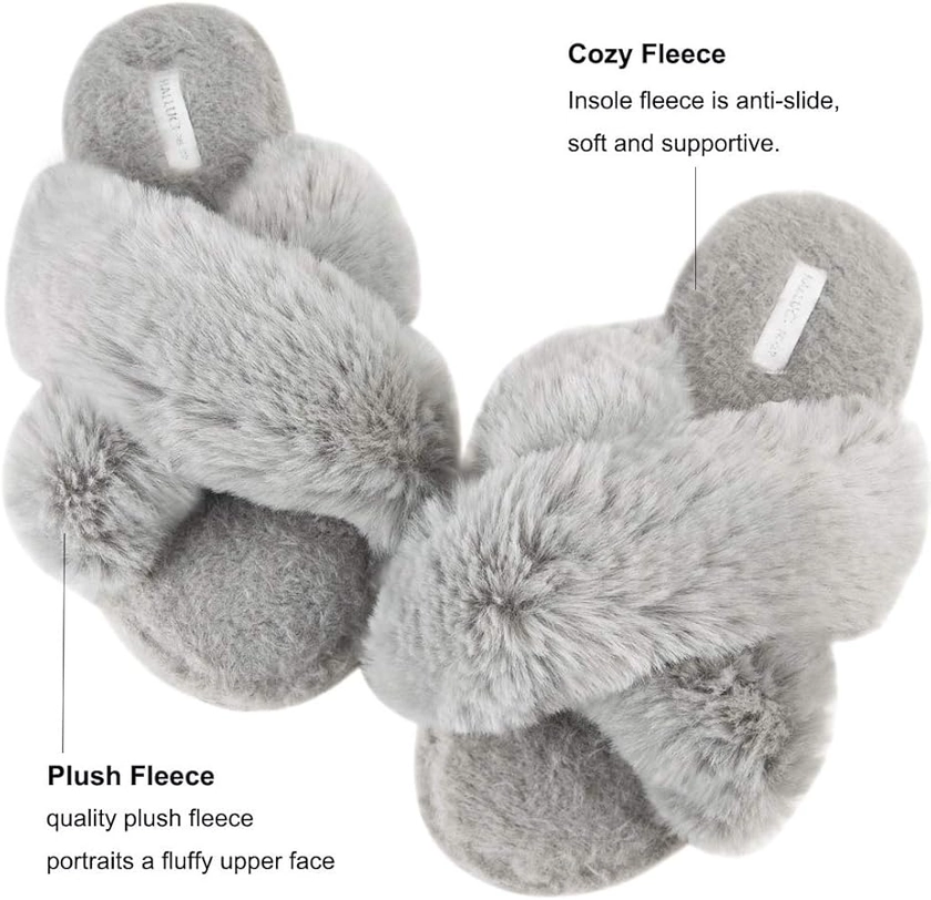 HALLUCI Women's Cross Band Soft Plush Fleece House Indoor or Outdoor Slippers, Grey, X-Large : Amazon.ca: Clothing, Shoes & Accessories