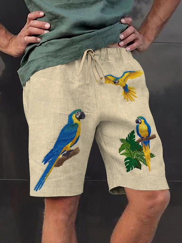 Men's Parrot Embroidery Art Printed Hawaiian Vacation Beach Shorts