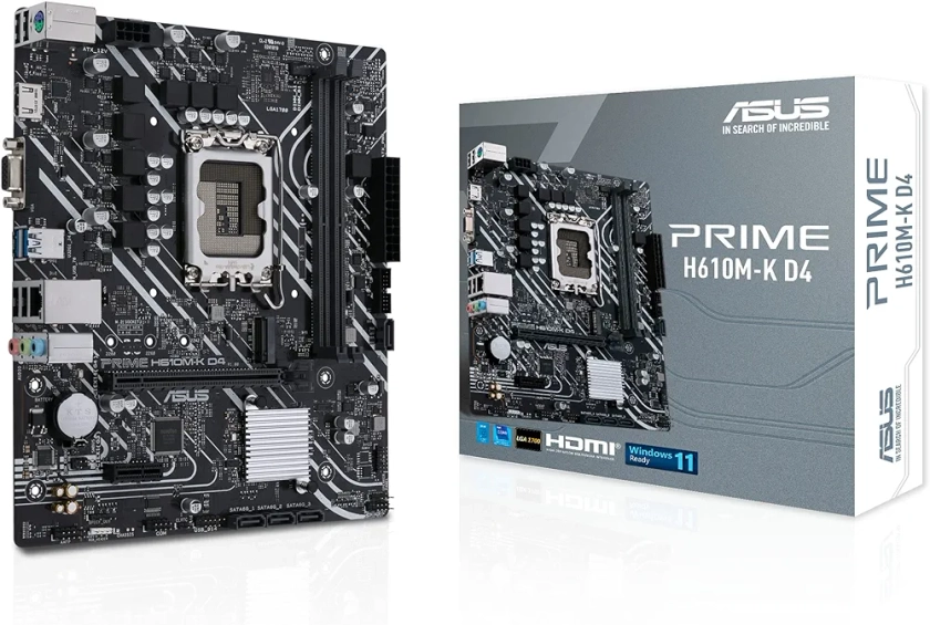 ASUS PRIME H610M-K D4 – Carte mère Intel H610 LGA 1700 mic-ATX (DDR4, PCIe 4.0, M.2 slot, Realtek 1 Gb Ethernet, HDMI, D-Sub, USB 3.2 Gen 1 ports, SATA 6 Gbps)