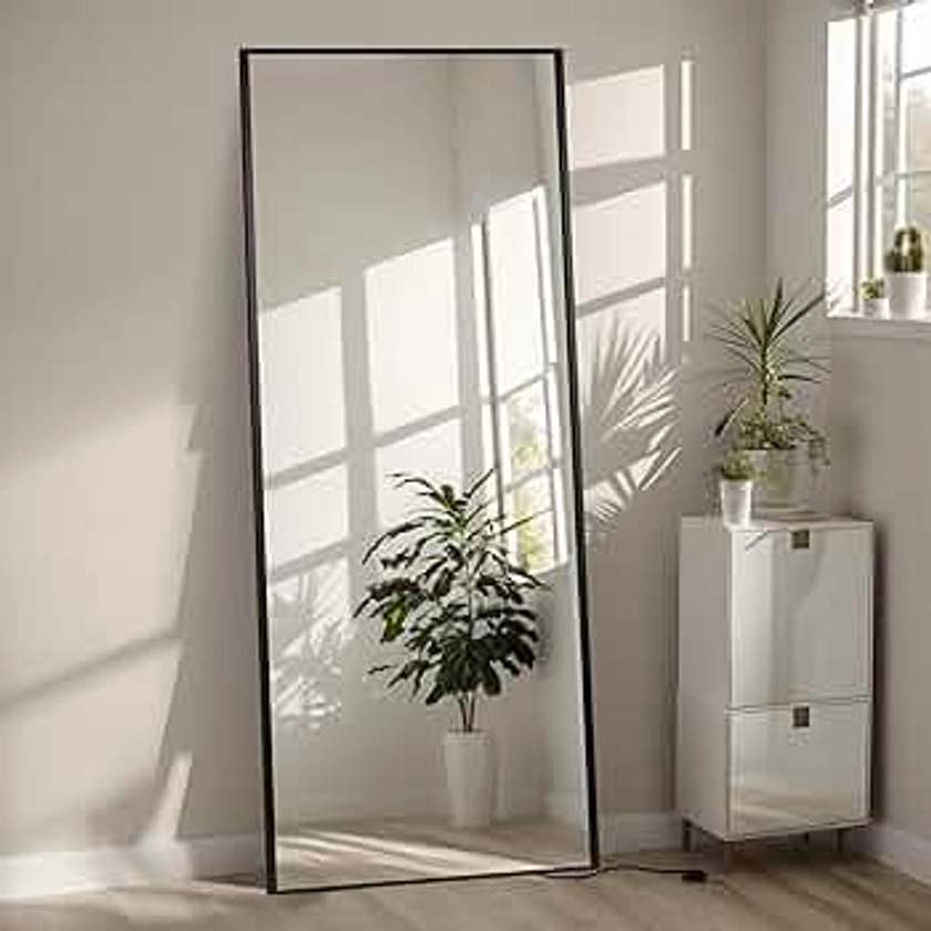 Full Length Mirror, 64"x21" Black Frame Floor Mirror with Stand, Large Rectangle Full Body Mirror for Bedroom Living Room, Wall-Mounted Standing Leaning Mirror