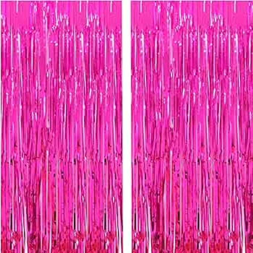 2 Pcs 3.2ft x 8.2ft Shiny Hot Pink Metallic Tinsel Foil Fringe Curtains Photo Booth Backdrop for Birthday Wedding Holiday Celebration Bachelorette Party Decorations (Hot Pink)