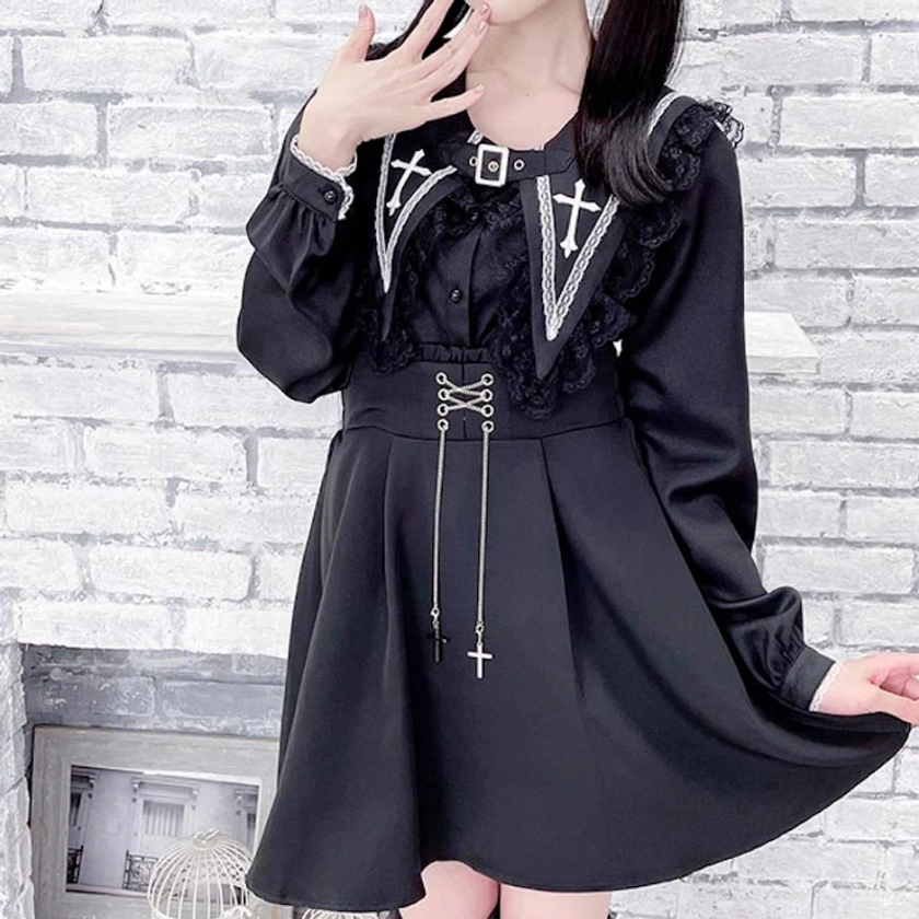 Blusa Lolita gótica Victoriana para mujer, camisa de manga larga con bordado de volantes de encaje dulce japonés, cuello marinero, estilo Punk Y2k - AliExpress