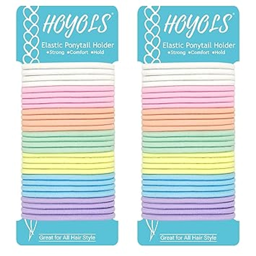 HOYOLS No Metal Hair Elastics Bands, Assorted Baby Color Ponytail Holder No Snag Hair Ties for Girls Women Thick Hair, Hair Accessories Pink Blue Yellow White - 7 Colors 56 Count 4mm(Baby Color)