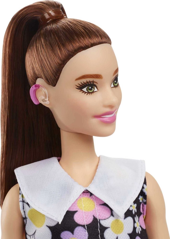 Barbie Fashionistas Doll #187, Brunette Ponytail, Shift Dress, Pink Boots, Behind-the-Ear Hearing Aids, Toy for Kids 3 to 8 Years : Amazon.co.uk: Toys & Games