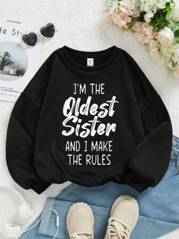 Tween Girl Slogan Graphic Drop Shoulder Thermal Lined Sweatshirt