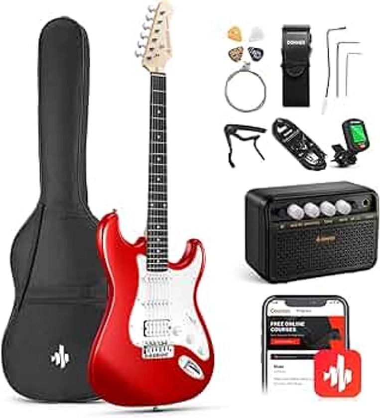 Donner 39-Inch Electric Guitar Starter Kit with Solid Body, HSS Pickup, Accessories, Amplifier, Lessons, and Digital Tuner - Red