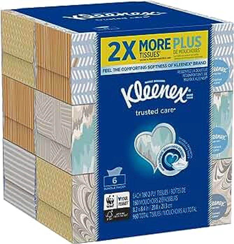 Kleenex Trusted Care Everyday Facial Tissues, Flat Box, 160 Count (Pack of 6)