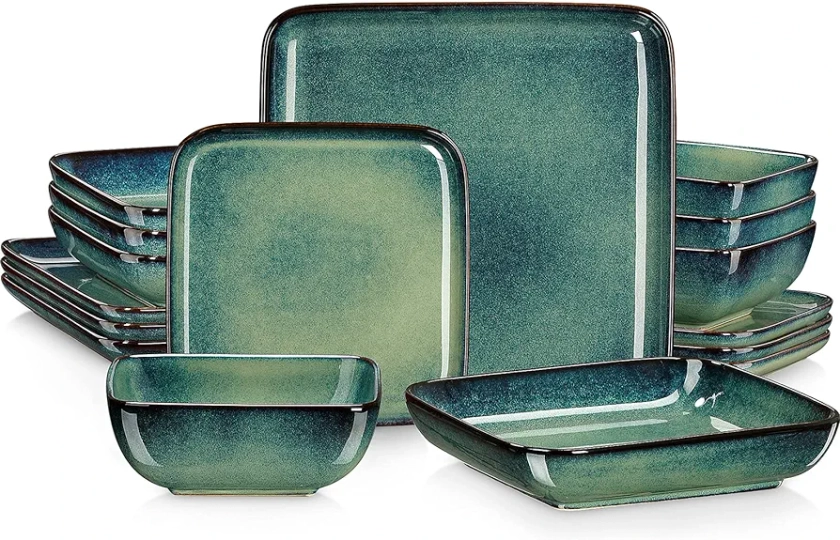 vancasso Dinner Sets, Square Reactive Glaze Crockery Set, 16-Piece Ceramic Plates and Bowls Set with Dinner Plate, Dessert Plate, Bowl and Soup Plate. Vintage Green Look, Service for 4