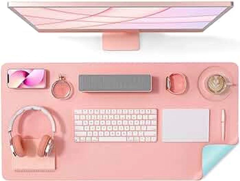 Non Slip Desk Pad, 31.5" x 15.7" PU Leather Desk Protector, Waterproof Large Mouse Pad, Dual Side Desk Mat for Desktop, Desk Pad for Keyboard and Mouse, Office and Home, Pink x Blue