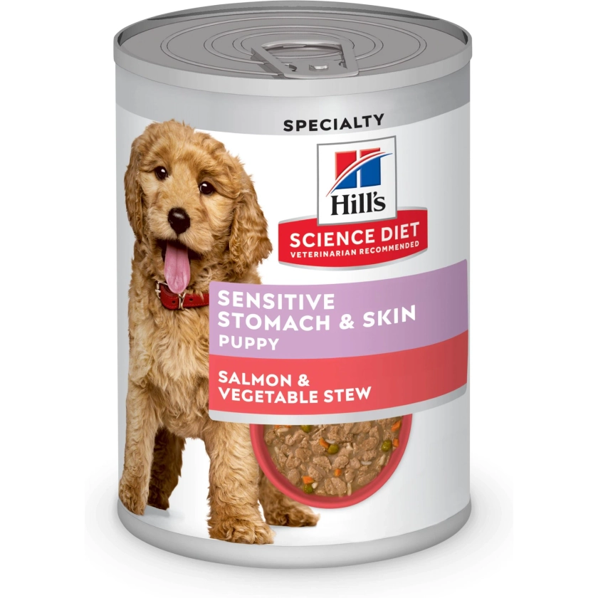 Hill's Science Diet Puppy Sensitive Stomach & Skin Salmon & Vegetable Stew Chunks in Gravy Canned Wet Dog Food, 12.5-oz can, 12 count