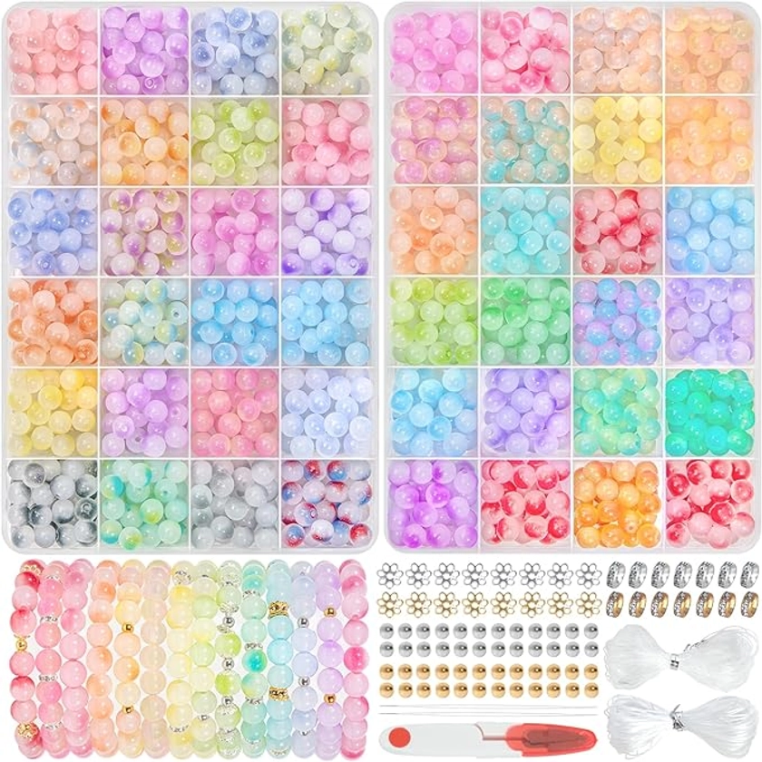 Amazon.com: Acerich 1425 Pcs Glass Beads for Bracelets, 48 Colors 8mm Crystal Glass Beads for Jewelry Making Round Friendship Bracelet Making Kit Beads DIY Crafts for Birthday Gifts