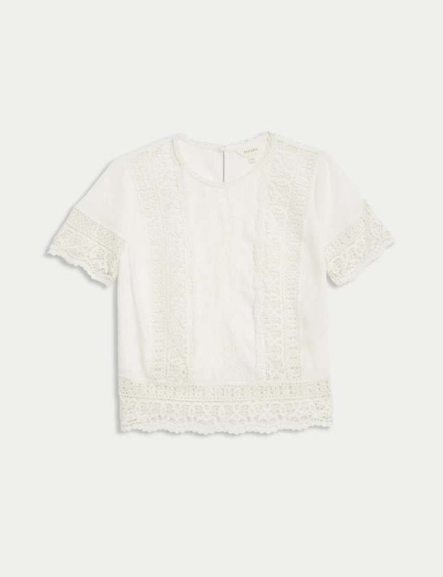 Linen Rich Embroidered Lace Detail Blouse | Per Una | M&S