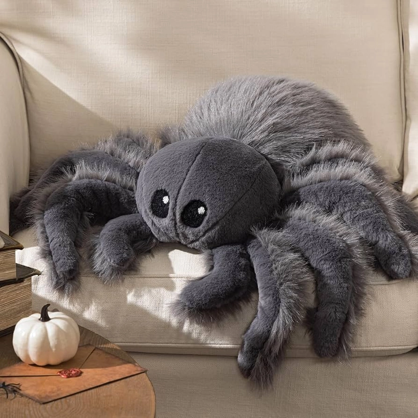 Phantoscope Happy Halloween Spider Shaped Throw Pillow, Faux Fur Fluffy Tarantula Shaped Halloween Cushion Pillow, Deep Gray, 9.5 x 16 inch