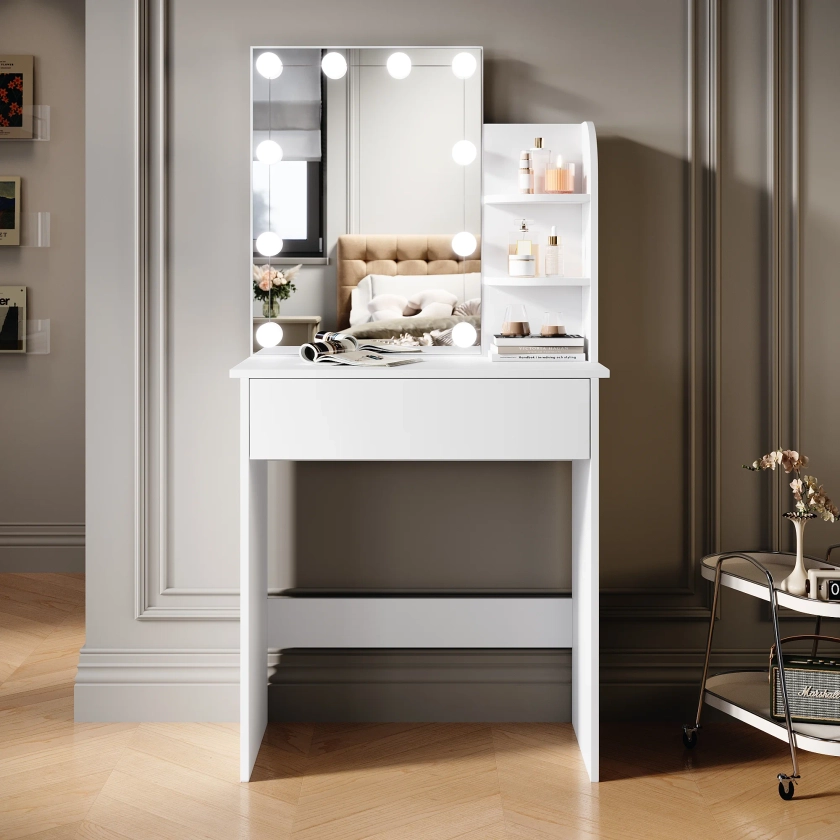 SIRHONA Coiffeuse avec LED Miroir, Table de Maquillage avec Grands Tiroirs et étagères, Blanc 70x40x140cm | Leroy Merlin