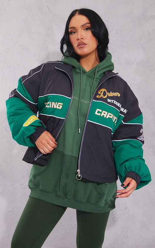 Green Oversized Slogan Zipped Racer Bomber Jacket