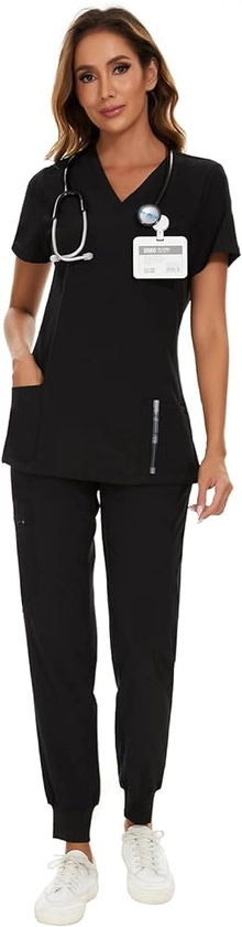 COZYFIT Scrubs for Women Set - Stretch V-Neck Scrub Top & Jogger Pant with 8 Pockets
