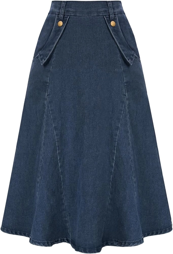 Belle Poque Women's Denim Skirts Knee Length Vintage Elastic High Waist A-Line Midi Jean Skirts with Pockets