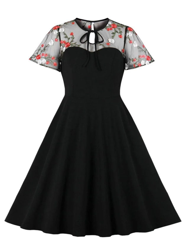 Robe Swing Vintage Années 50 à Fleurs Gaze Noir Pin Up