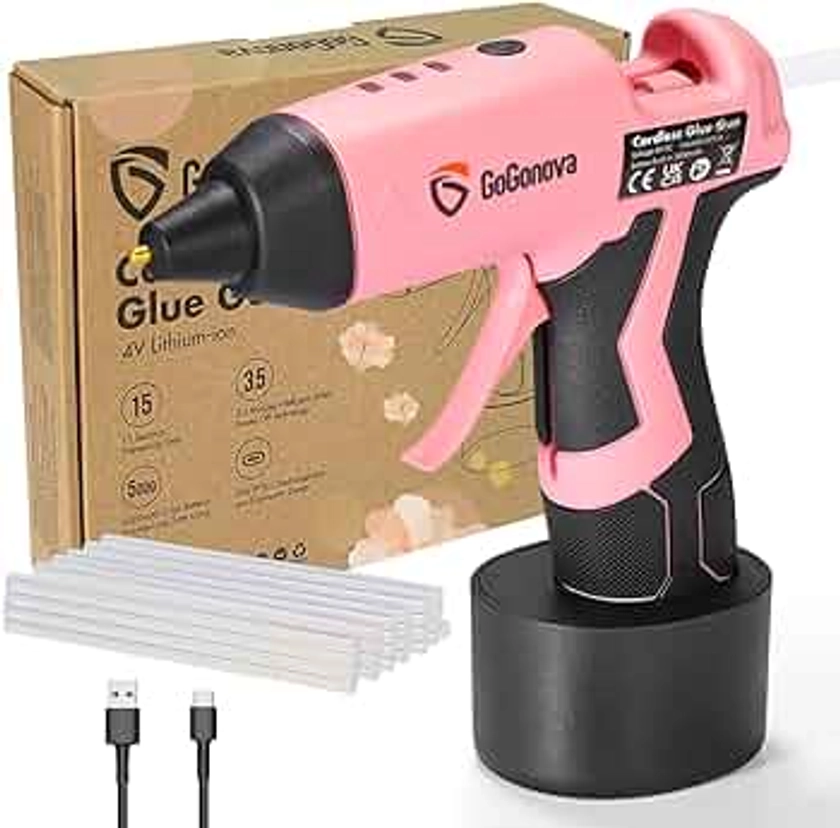 Gogonova 4V Glue Gun, Cordless Hot Glue Gun with 5.0Ah Battery, Type-C Charging Cable and 15s Preheating, inc. 25pcs 7mm Glue Sticks, Glue Gun for Crafting, DIY, Home Repairs and Decorations, Pink