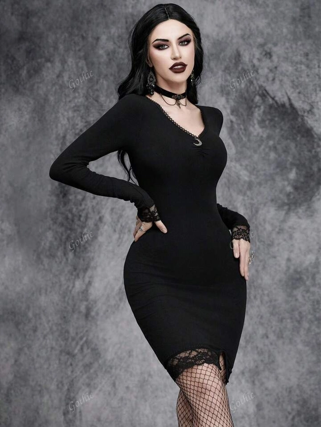 Vestido midi negro tejido gótico-oscuro de Halloween para mujer, vestido sexy con encaje, hebilla de metal en la luna y abertura