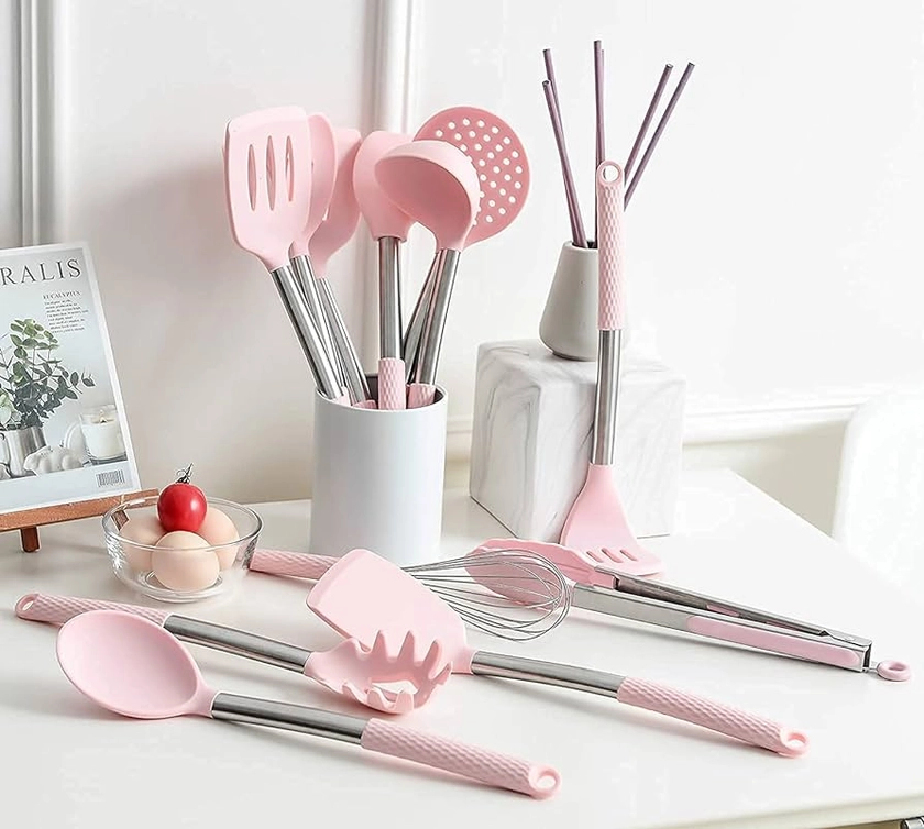 Amazon.com: Rorence Kitchen Utensil Cooking Utensil Set for Baking Mixing: 12 Pieces Kitchen Gadgets Non-Stick & Heat Resistance Silicon and Stainless Steel Handles (Utensil Holder Not Included) - Pink: Home & Kitchen