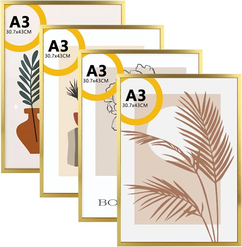 JMIATRY A3 Photo Frame Set of 4, Aluminum A3 Picture Frames with Perspex Front, Wall Mount Gold A3 Frame for Photo Picture Certificate Poster Wall Decor, 30.7x43cm