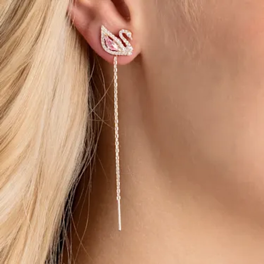Dazzling Swan drop earrings, Swan, Pink, Rose gold-tone plated
