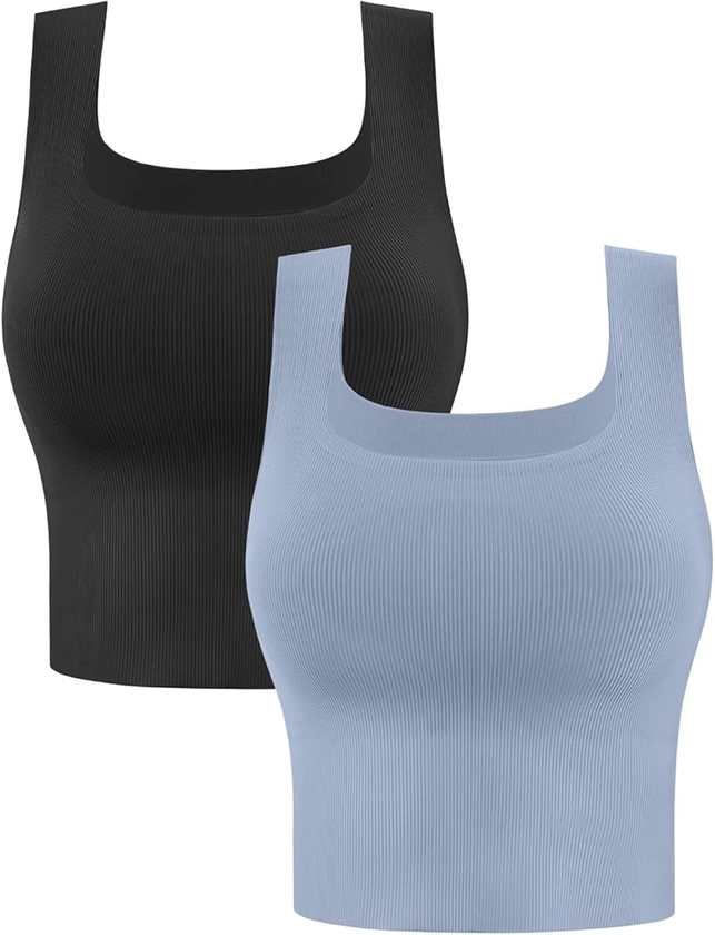 Eleplus 2 Pieces Seamless Cami Bras Ribbed Square Neck Longline Bralettes Crop Tank Tops (Black+Blue,Small) at Amazon Women’s Clothing store