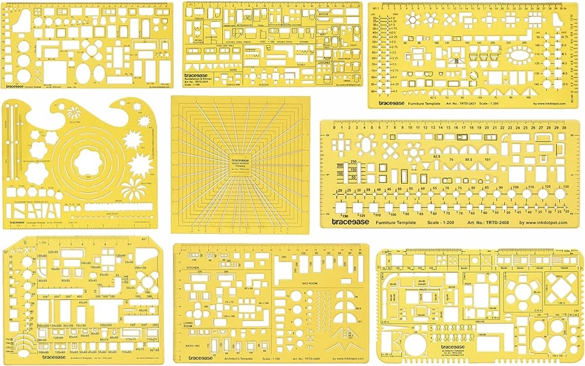 Traceease Lot of 9 Pieces, Architect Templates for Kitchen/Bath/Bed Drafting Tools- Interior Designing Stencils