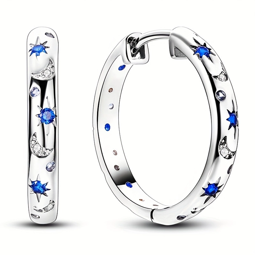 Silvery Blue Zircon Hoop Earrings For Women Star Moon Galaxy Starry Blue Zircon Luxury Jewelry Gifts 1Pair