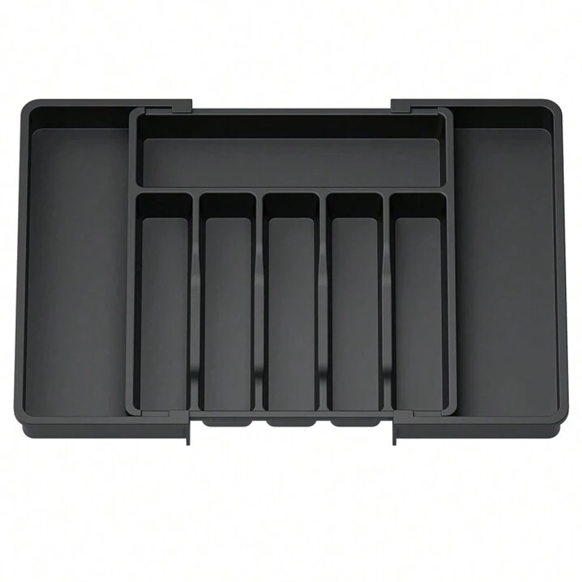 Silverware Organizer, Expandable Utensil Tray for Drawer, Adjustable Flatware and Cutlery Holder, Compact Plastic Drawerstore Holding Spoons Forks Knives, Large Black