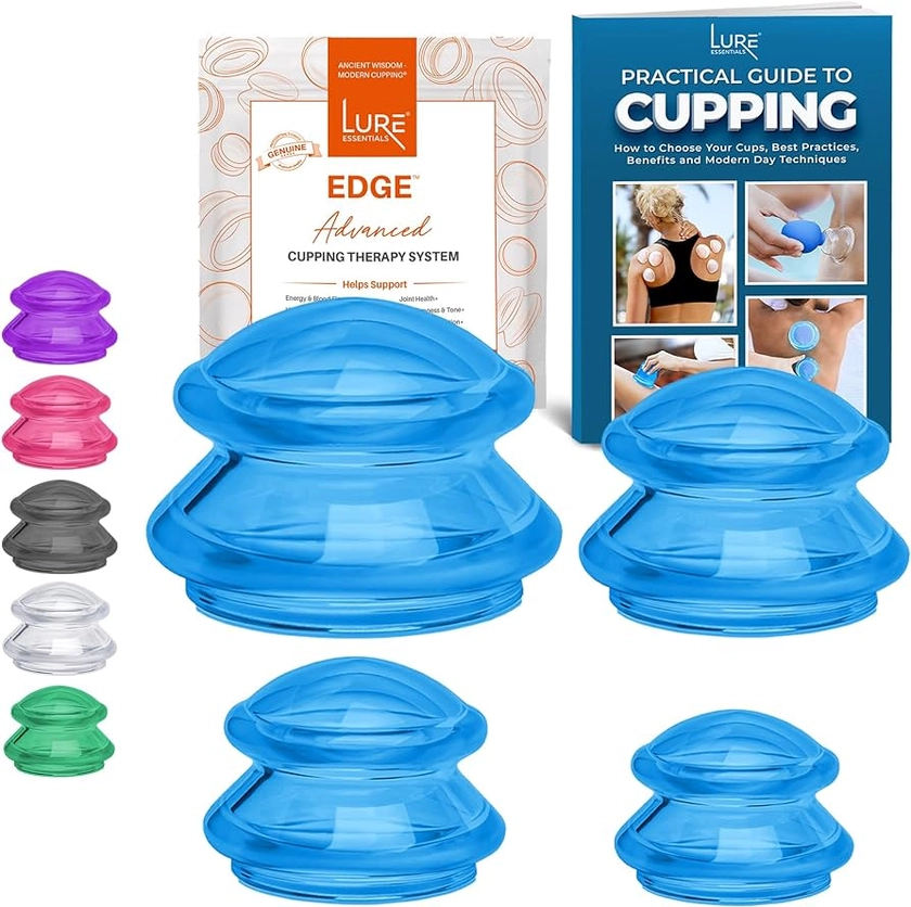 Lure Essentials Cupping Therapy Set - The Most Recommended Massage System for Muscle Soreness, Pain Relief, Injury Recovery, Toning & Cellulite Professional Medical Grade 4 Cups, Blue