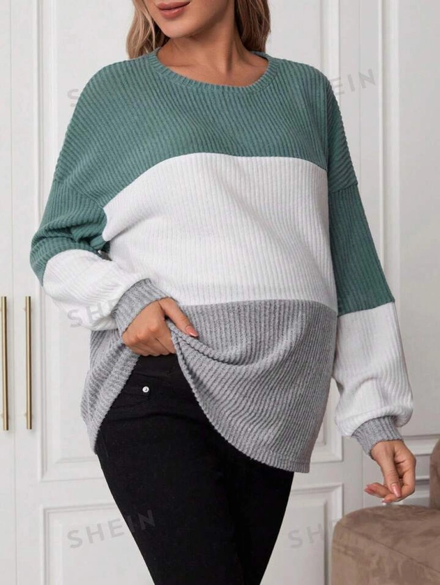 SHEIN Maternity Color Block Drop Shoulder Ribbed T-Shirt | SHEIN UK