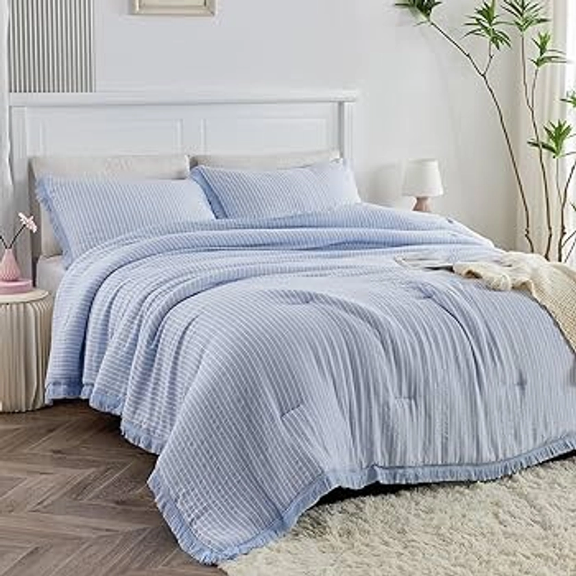 Twin Comforter Set for Girls and Boys, 2 Pieces Blue Bedding Set with Tassel Fringes & Jacquard Stripes Light Blue Comforter Set Twin XL Size with Pillowcase for Kids, Teenagers