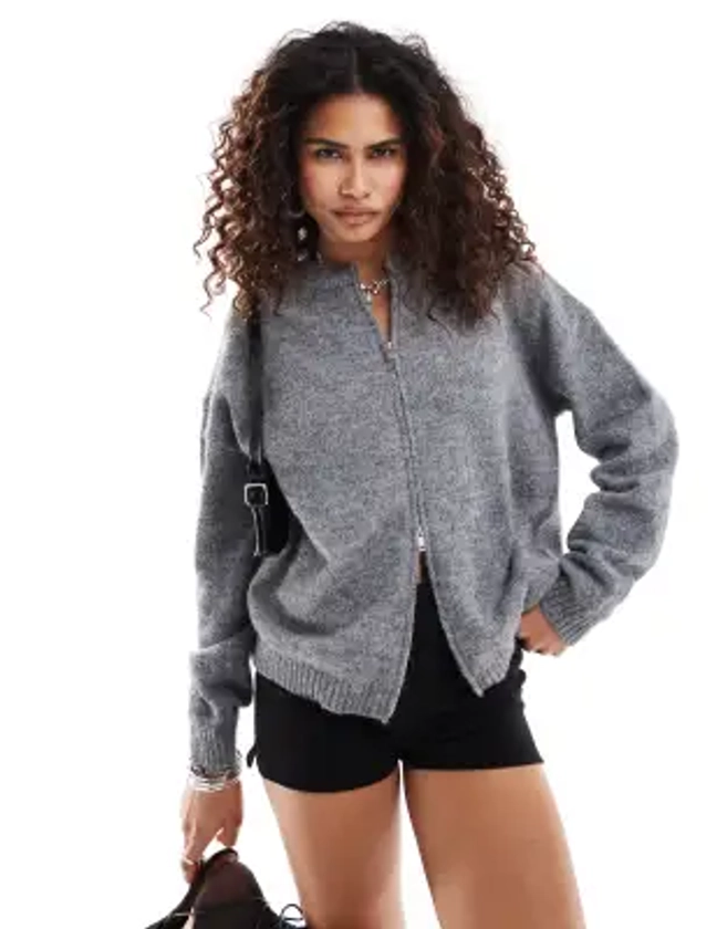 Motel maira zip through knitted cardigan jacket in grey | ASOS